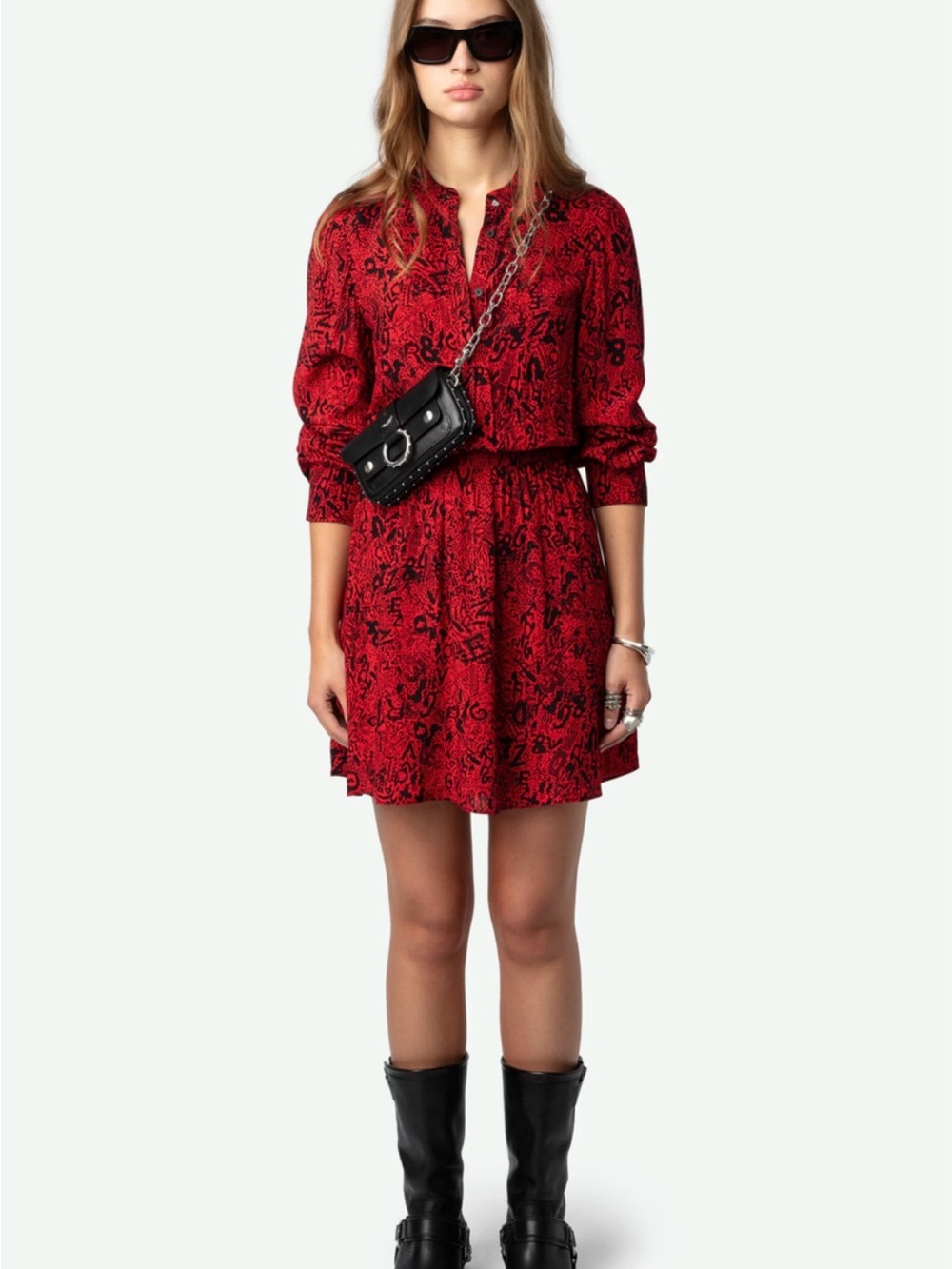 Zadig & Voltaire Red Graphic Refla Long-Sleeve Mini Dress with Black Accents